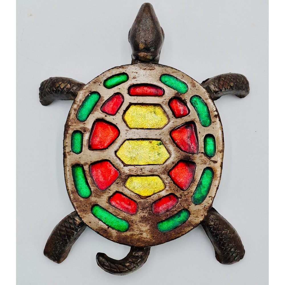 Cast Iron Turtle Trivet Colored Glass Inlay Rustic Decor VTG Made in Taiwan 7x4